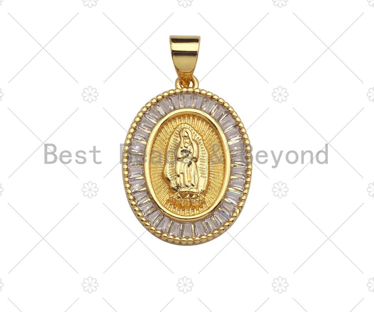 18K Gold Virgin Mary On Oval Emblem Shape Pendant, Oval Charm, Virgin Mary Pave Pendant, Dainty Gold Charm,21x15mm, Sku#F1155: 1pc
