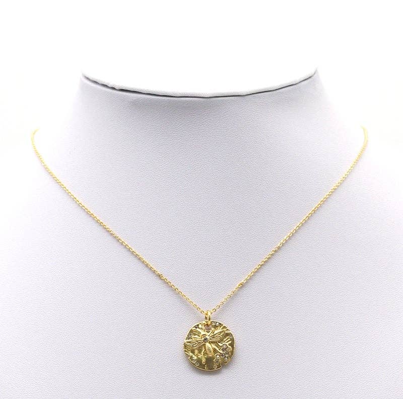 Gold CZ Bee Honeycomb On Round Coin Charm, Sku#LX89