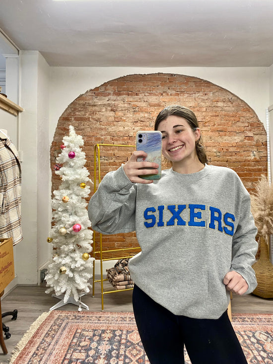 Load image into Gallery viewer, Sixers Varsity Crewneck in Grey
