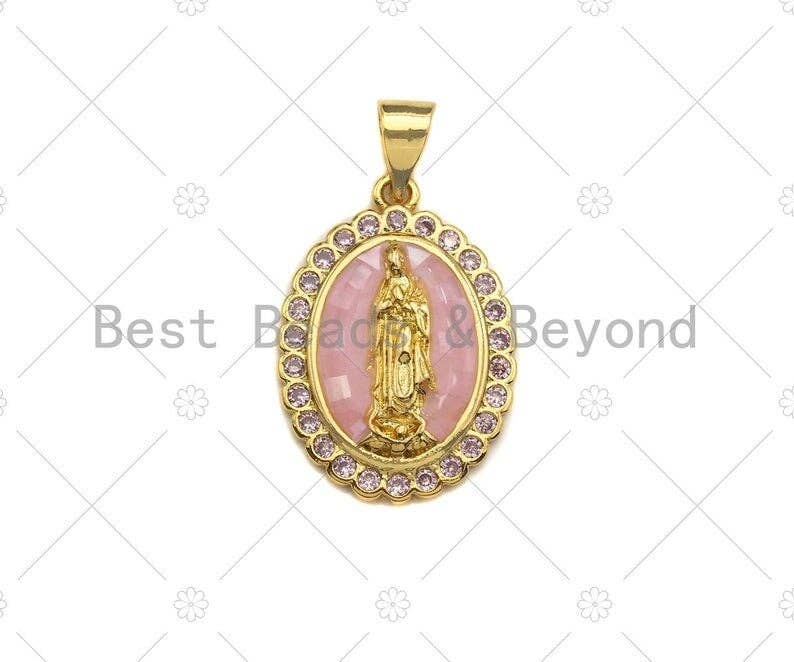 Mary Pink Mother-of-pearl Inlay Oval Pendant, Cubic Zirconia Pendant, Gold Pink Tone, Reglious charm, 15x22mm, Sku#LK71