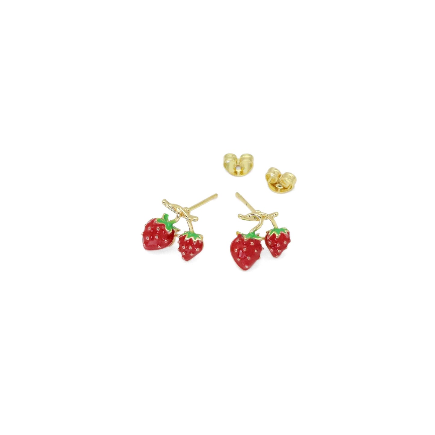CZ Gold Red Enamel Strawberry Stud Earrings, Sku#ZX193