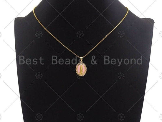 Mary Pink Mother-of-pearl Inlay Oval Pendant, Cubic Zirconia Pendant, Gold Pink Tone, Reglious charm, 15x22mm, Sku#LK71