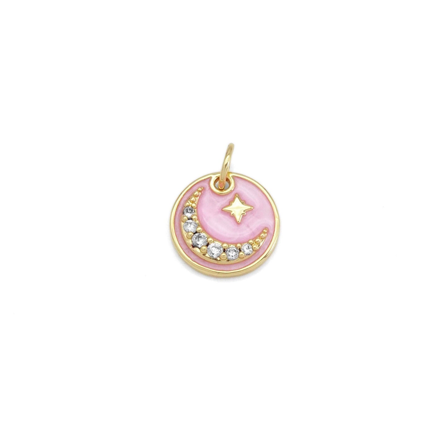 Pink Enamel CZ Cresent Moon Coin Charm, Sku#Y893