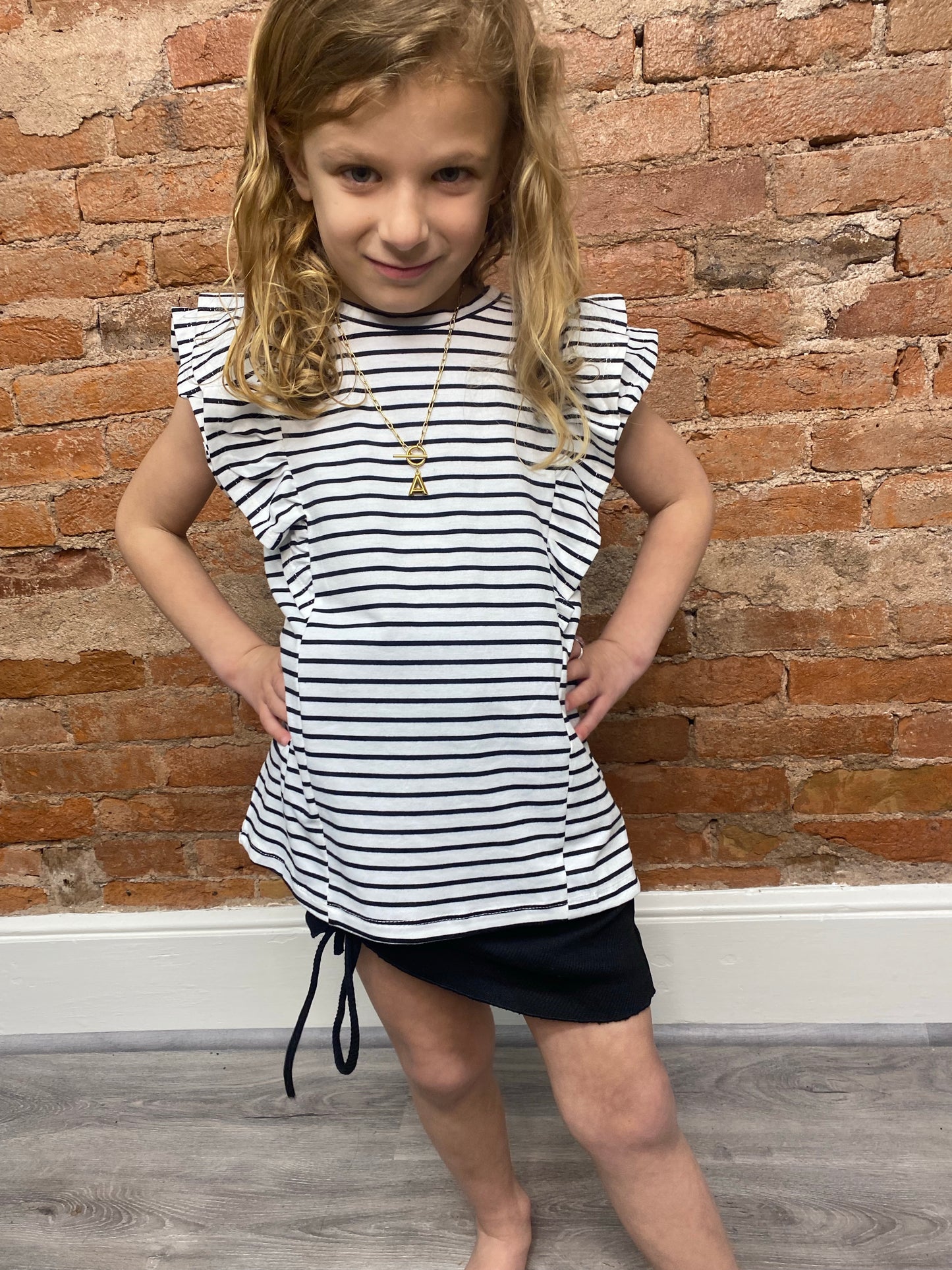 Girls Black and White Ruffle Tee