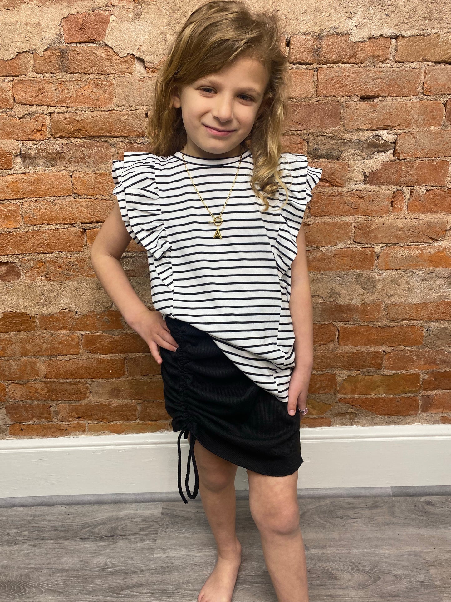 Girls Black and White Ruffle Tee