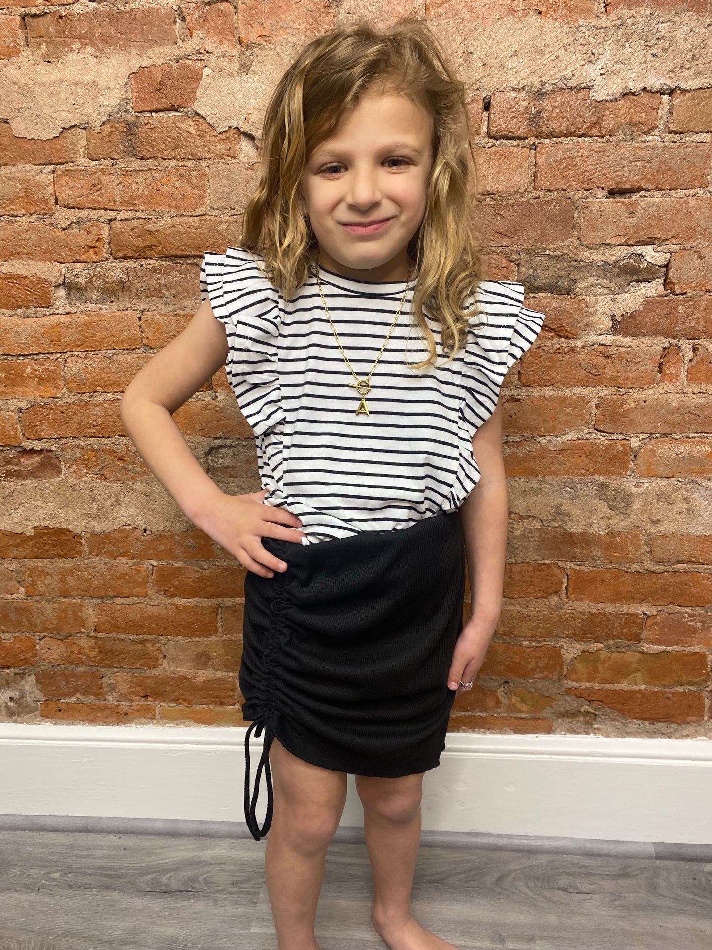 Girls Black and White Ruffle Tee